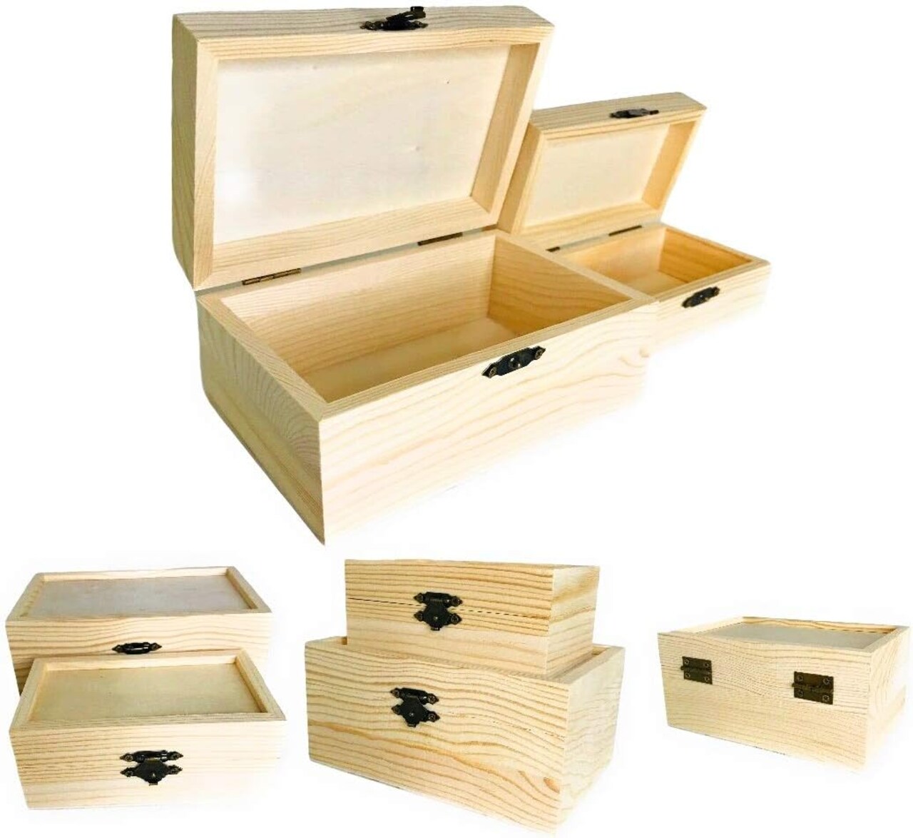 12 Pc Rectangle Unfinished Wood Box Natural DIY Craft Stash Boxes with Hinged Lid and Front Clasp for Arts Hobbies Comes in 2 Different Sizes